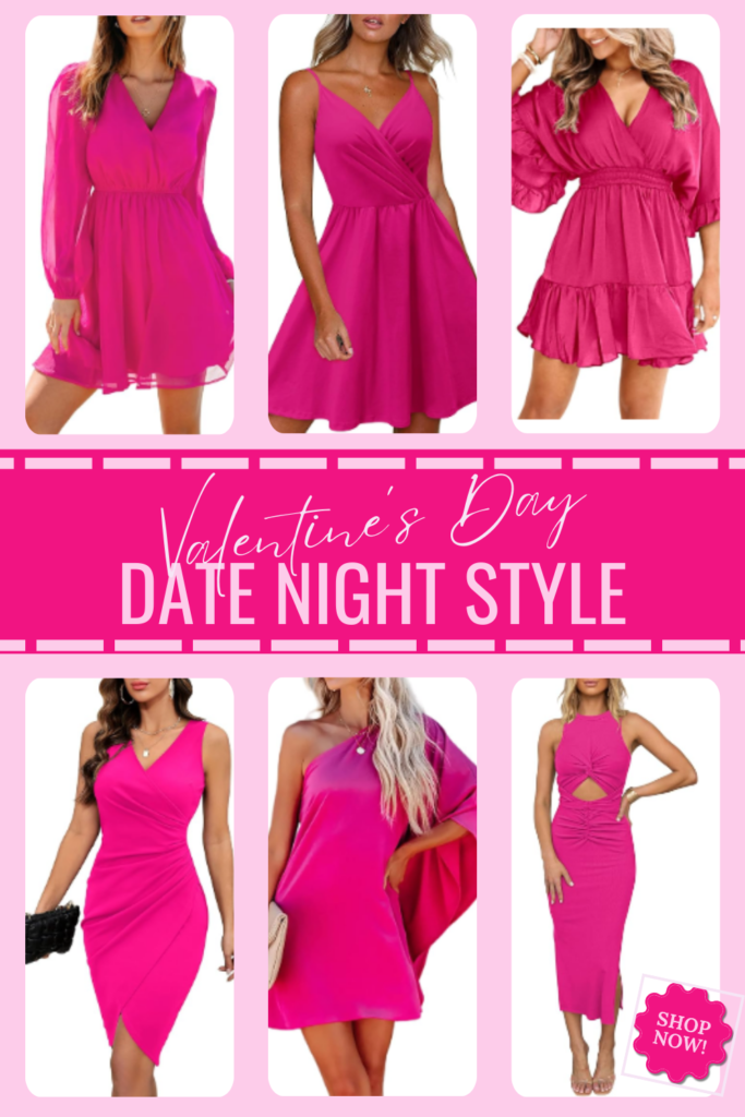 A collection of six stunning hot pink dresses for Valentine's Day, featuring elegant chiffon, classic wrap, flirty ruffles, sleek bodycon, bold one-shoulder, and trendy cutout styles. Perfect for date night or a chic celebration.