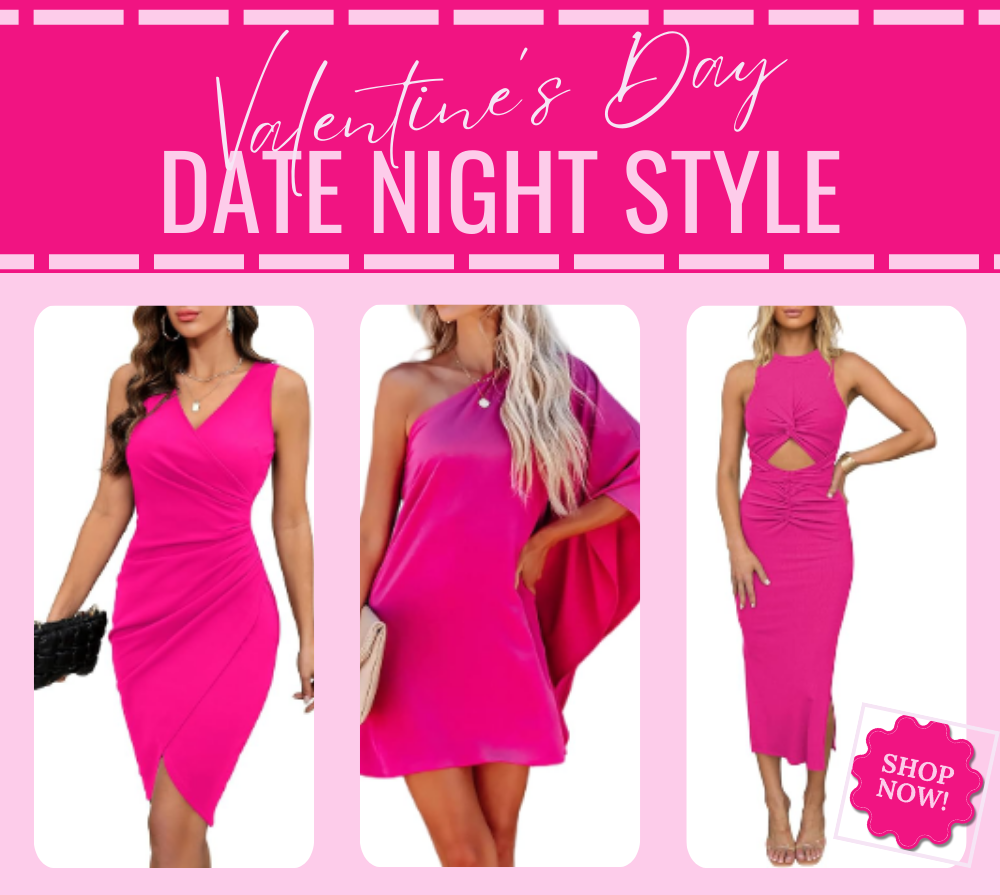A collection of six stunning hot pink dresses for Valentine's Day, featuring elegant chiffon, classic wrap, flirty ruffles, sleek bodycon, bold one-shoulder, and trendy cutout styles. Perfect for date night or a chic celebration.