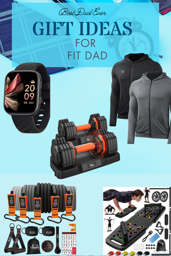 Father’s Day gift guide for fit dads featuring Amazon products like a Fitbit smartwatch, adjustable dumbbells, resistance bands with handles, workout hoodie set, and a color-coded push-up board system.