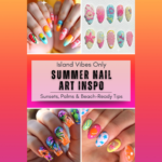 Tropical summer nail art featuring vibrant palm trees, sunset gradients, florals, and bold colors for a fun, beach-inspired manicure look.