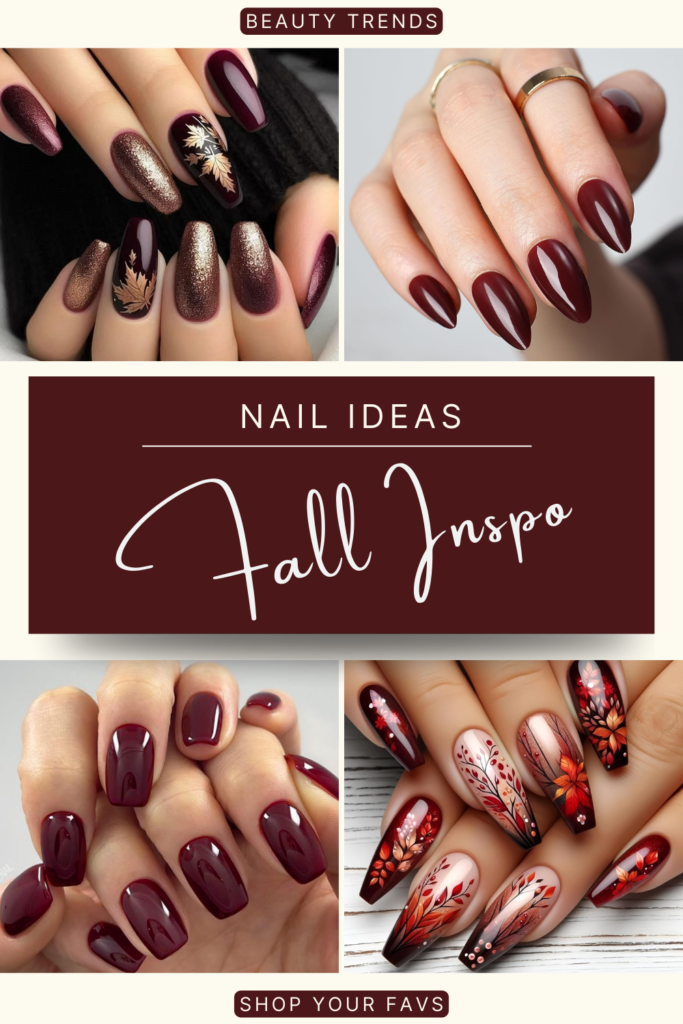 Burgundy fall nails with glossy finish, gold glitter, and autumn leaf nail art designs.