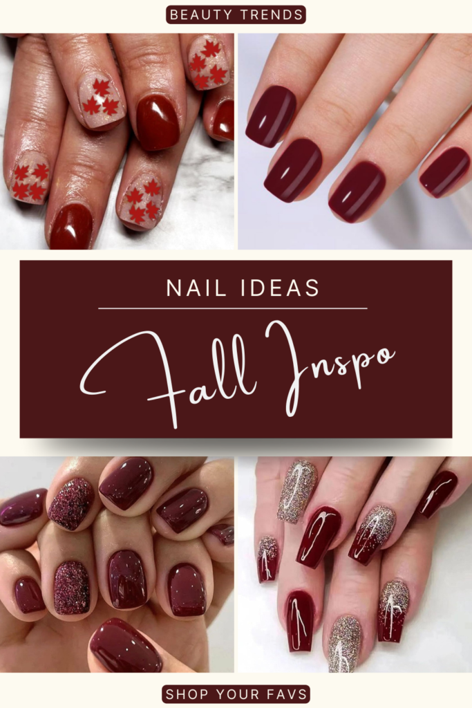 Burgundy fall nails with glossy finish, maple leaf accents, and glitter details.