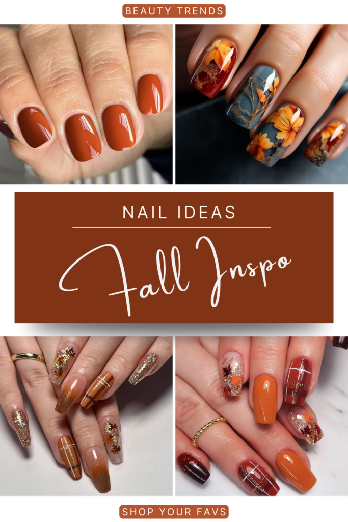 Caramel fall nails with glossy finish, glitter accents, and autumn plaid nail art designs.