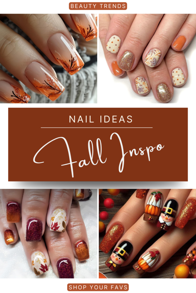 Caramel fall nails with glitter, leaf nail art, polka dots, and Thanksgiving-inspired designs.