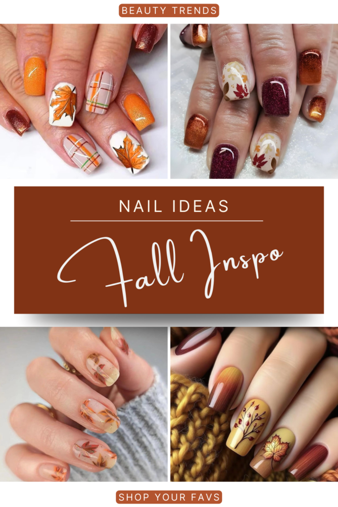 Caramel fall nails waith plaid designs, leaf nail art, and autumn ombré accents.