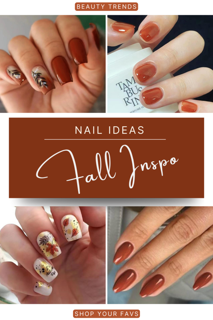 Caramel fall nails in glossy finishes with leaf accents and autumn-inspired nail art.