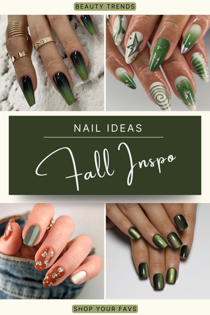 Forest and olive green fall nails in glossy and matte finishes, with abstract and minimalist designs.