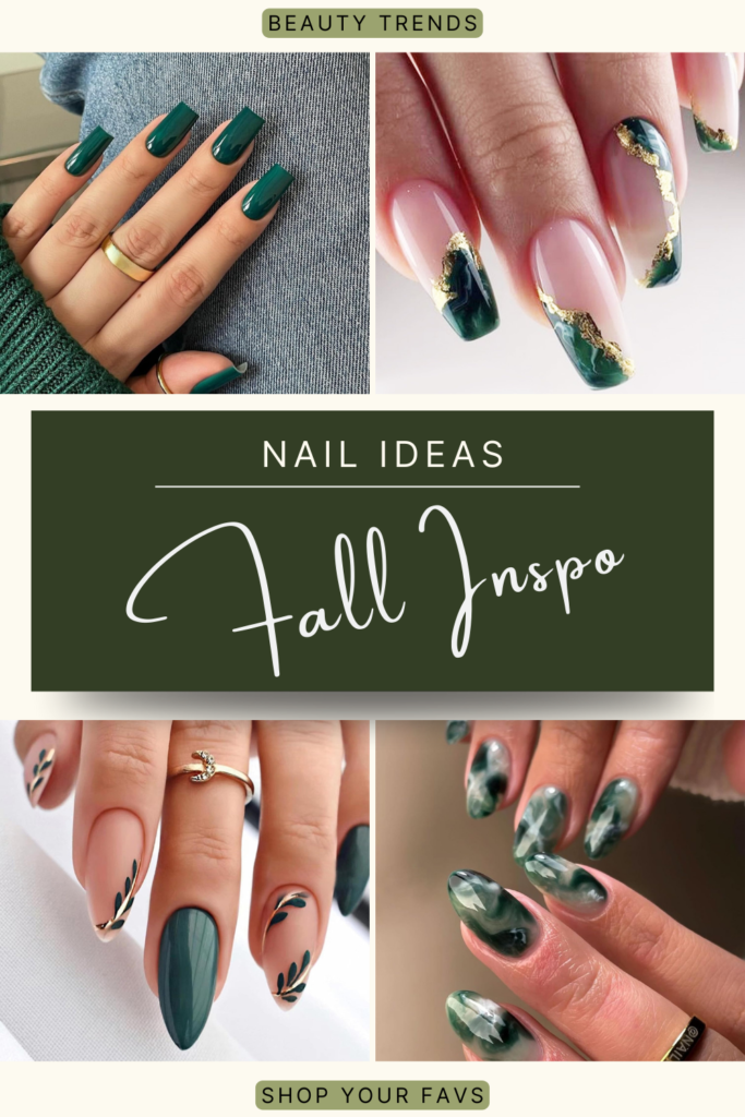 Forest green fall nails with gold accents, leafy details, and marble-style designs.