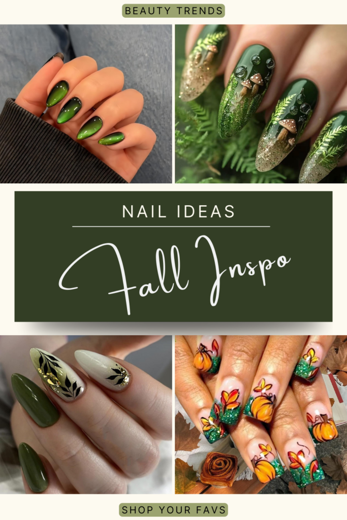 Olive green fall nails with metallic accents, earthy designs, and leafy nail art details.