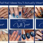 Navy nails fall 2025 – deep blue nail ideas with glossy, glitter, and autumn leaf press-on sets for sleek fall inspiration.