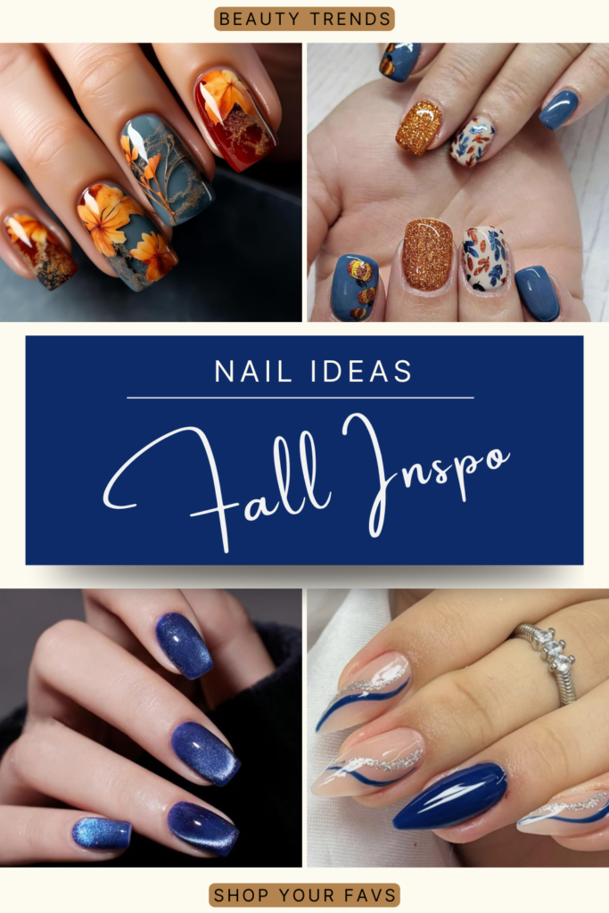 Navy fall nails with floral art, glitter accents, and shimmering glossy finishes.