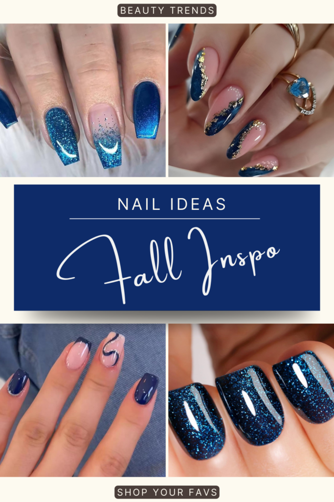 Navy fall nails with glitter shimmer, moon and wave details, and gold accents.