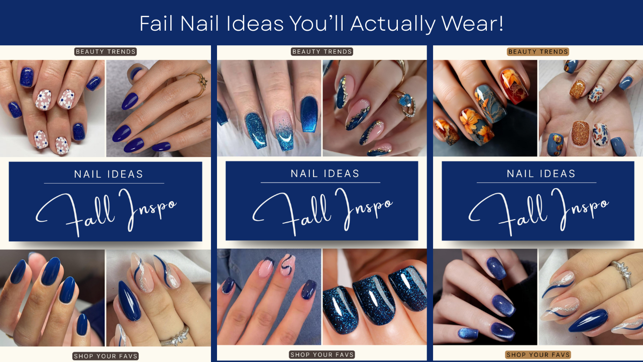Navy nails fall 2025 – deep blue nail ideas with glossy, glitter, and autumn leaf press-on sets for sleek fall inspiration.