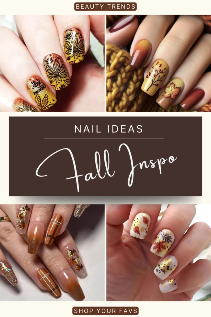 Taupe fall nails with autumn leaf nail art, glitter accents, and cozy fall-inspired designs.