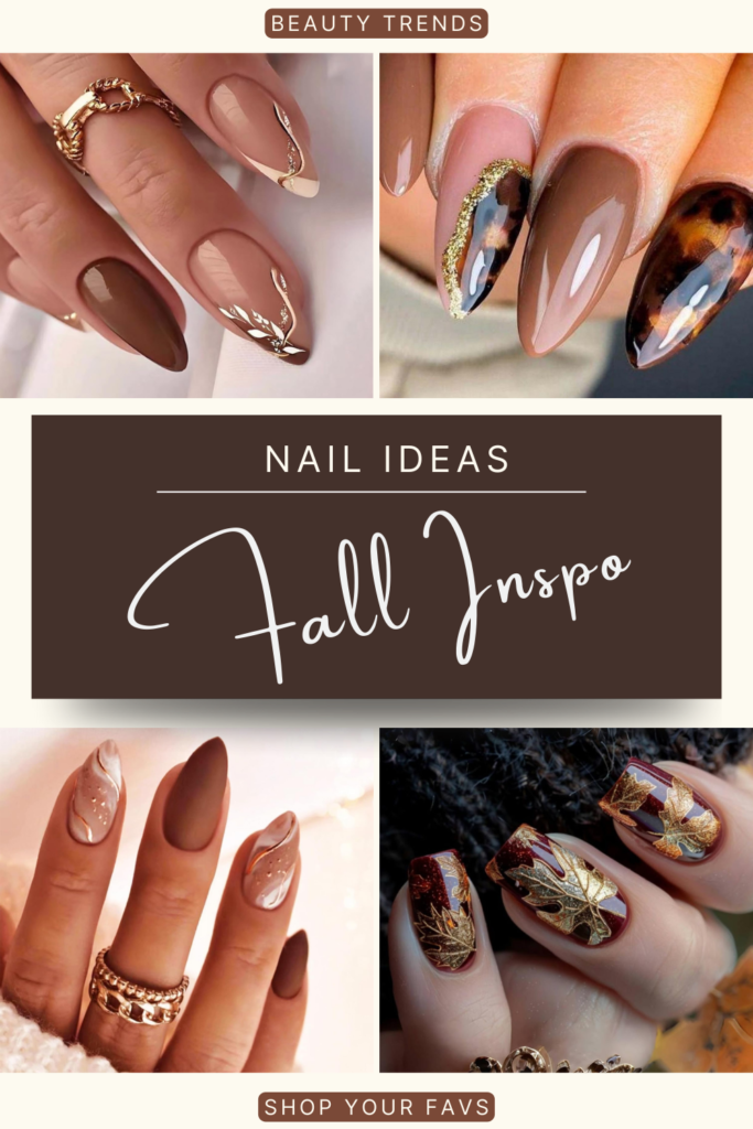 Taupe fall nails with gold accents, tortoiseshell design, and autumn leaf nail art.