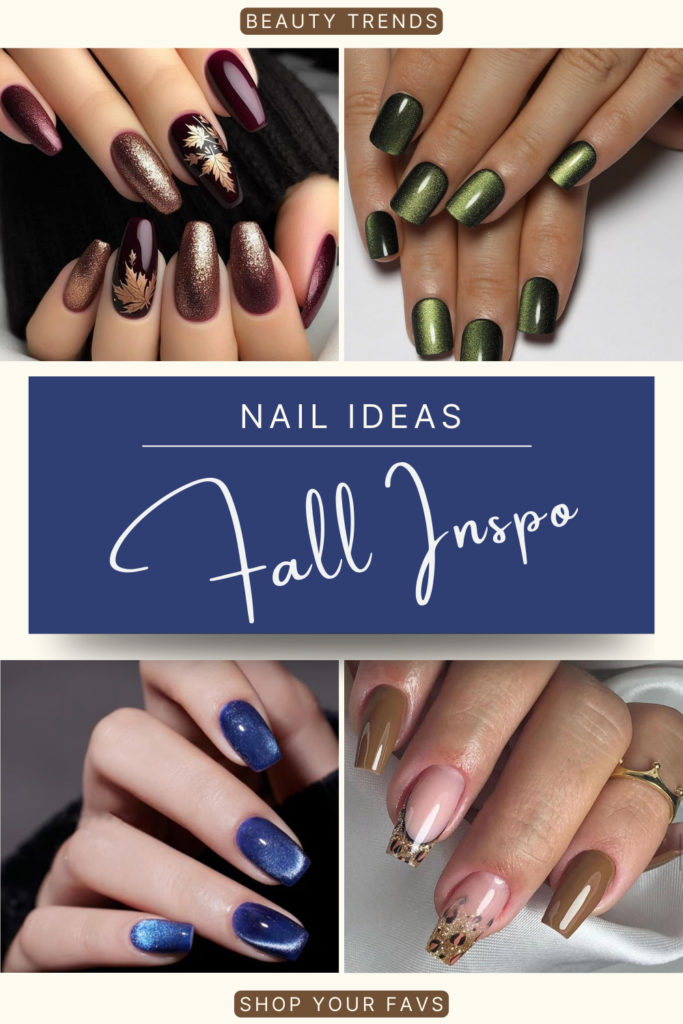 Fall nails Ideas 2025 – press on nails in burgundy, taupe, green, and navy for autumn style inspiration.