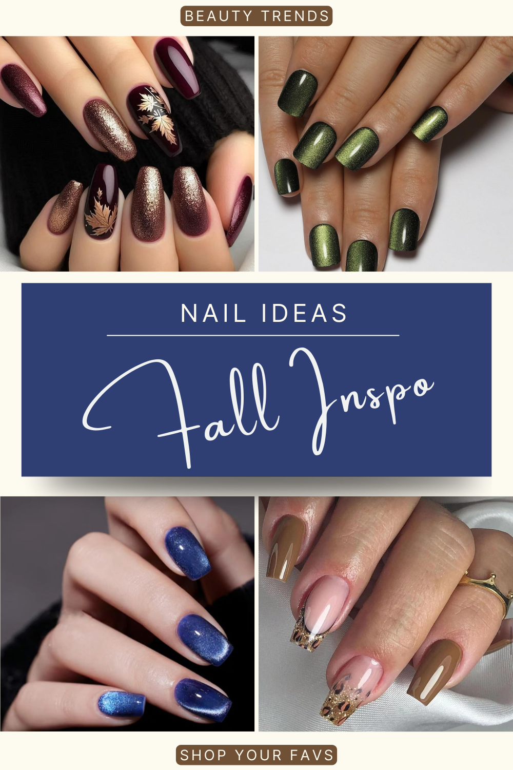 Fall nails Ideas 2025 – press on nails in burgundy, taupe, green, and navy for autumn style inspiration.