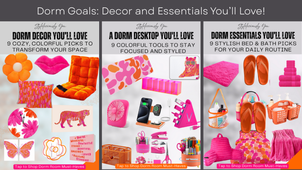 Dorm Room Must Haves Cover with decor, desktop, bed and Bath items in orange and Hot Pink