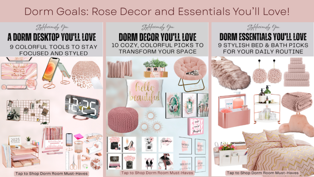 Rose gold dorm room inspiration collage with cozy bedding, chic desk accessories, stylish storage, and decorative accents.