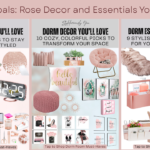 Rose gold dorm room inspiration collage with cozy bedding, chic desk accessories, stylish storage, and decorative accents.