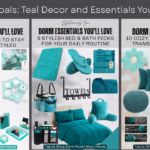 Teal Dorm Room Must-Haves - Three stylish collage panels showcase teal dorm essentials for decor, bed and bath, and desktop tools. Each section includes coordinated accessories, storage, and cozy textiles, all in vibrant teal.