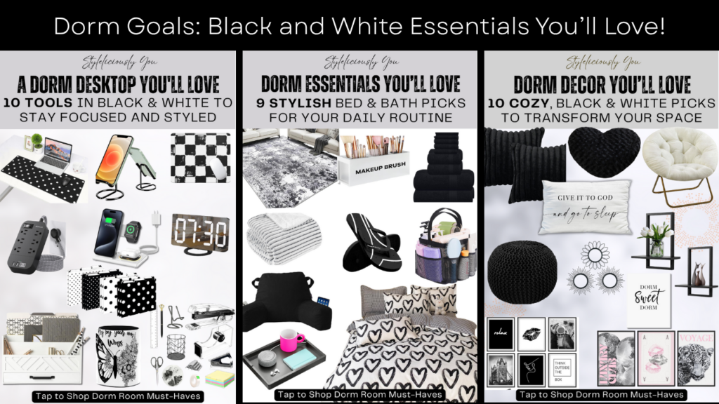 Black & Gold dorm room inspiration collage with cozy bedding, chic desk accessories, stylish storage, and decorative accents.