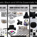 Black & Gold dorm room inspiration collage with cozy bedding, chic desk accessories, stylish storage, and decorative accents.