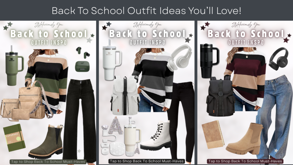Back to School Colorblock Sweater Outfit Idea-Three stylish back-to-school outfit ideas featuring colorblock sweaters in green, gray, and burgundy tones, each paired with coordinating jeans, backpacks, footwear, drink tumblers, and tech accessories.