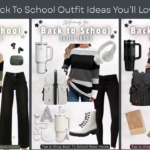 Back to School Colorblock Sweater Outfit Idea-Three stylish back-to-school outfit ideas featuring colorblock sweaters in green, gray, and burgundy tones, each paired with coordinating jeans, backpacks, footwear, drink tumblers, and tech accessories.
