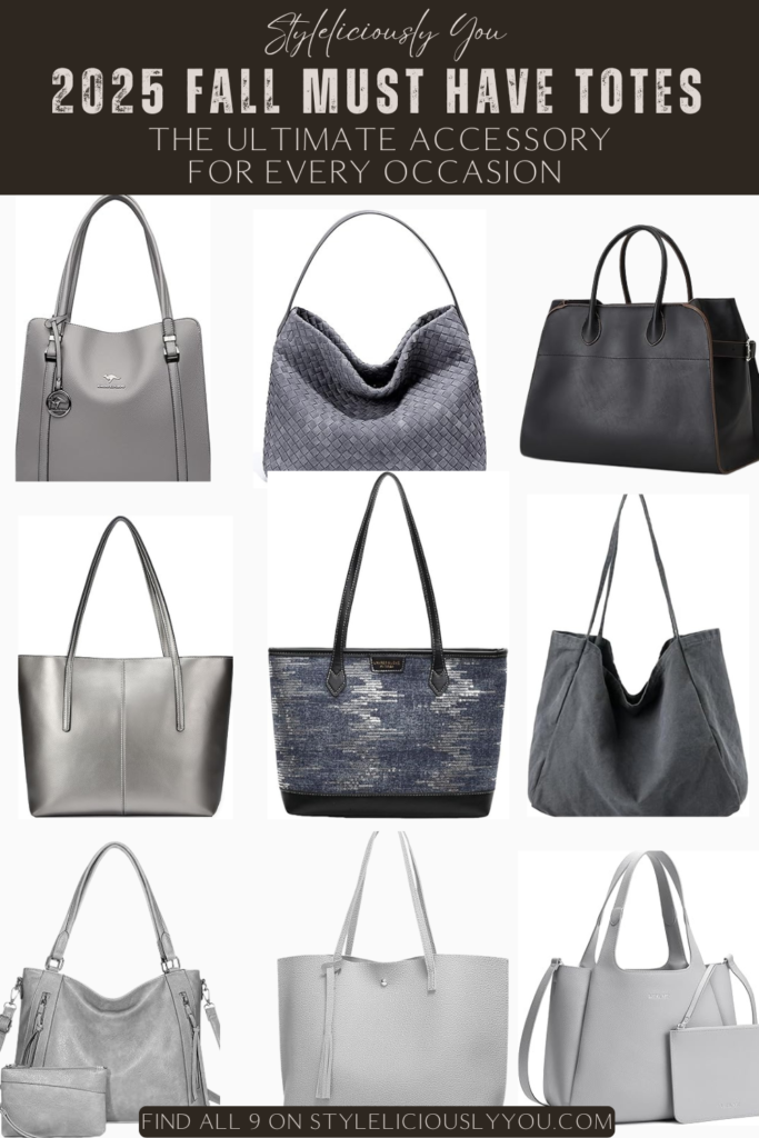 Collage of 2025 fall must have totes in trending colors including brown, burgundy, cream, black, and animal print styles.