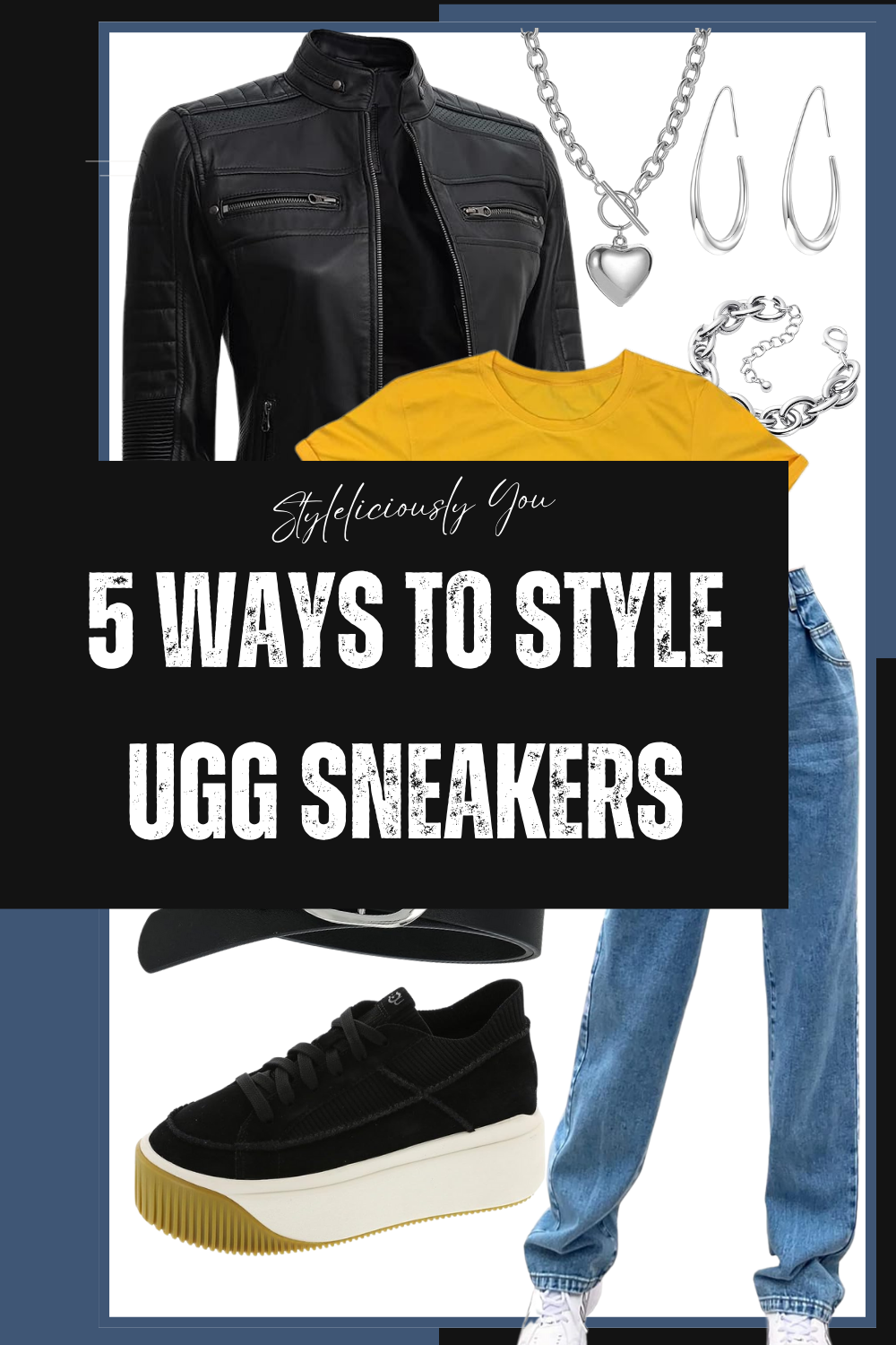 Cover graphic for the 5 outfit ideas post - for how to style UGG sneakers in fall, including sporty, cozy, casual, chic, and seasonal looks.