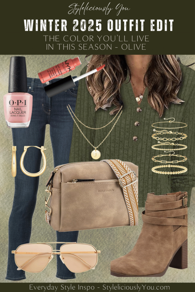 Olive winter outfit idea featuring a textured olive sweater, dark denim jeans, taupe ankle boots, layered gold necklaces, gold hoop earrings, gold bracelets, aviator sunglasses, and a tan crossbody bag. Warm neutral look from the Winter 2025 Outfit Edit.