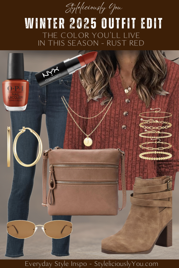 Rust red winter outfit idea featuring a cozy button-front sweater paired with dark denim, taupe ankle boots, gold layered necklaces, gold hoop earrings, gold bangles, a neutral crossbody bag, aviator sunglasses, and coordinating rust-tone lipstick and nail polish. Warm, stylish winter look from the Winter 2025 Outfit Edit.