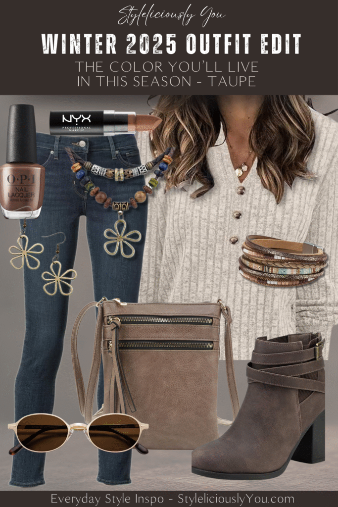 Taupe winter outfit idea featuring a soft textured taupe sweater, dark denim jeans, taupe ankle boots, layered gold necklaces, gold earrings, stacked gold-and-beaded bracelets, aviator sunglasses, and a taupe crossbody bag. Neutral cozy look from the Winter 2025 Outfit Edit.