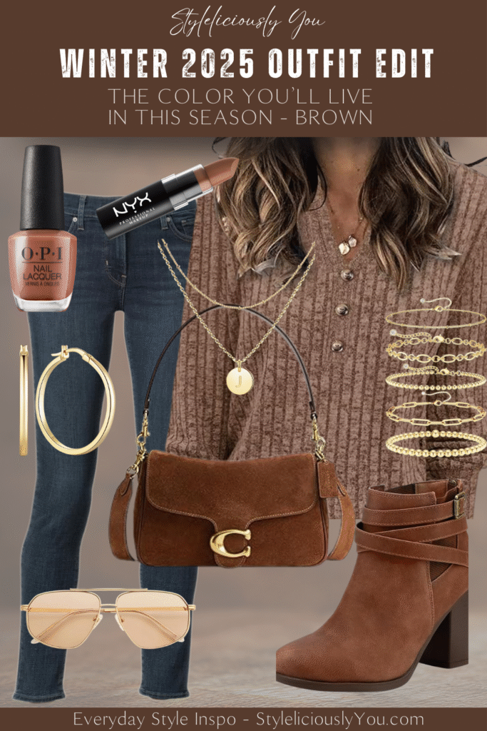 Coffee-brown winter outfit idea featuring a warm textured sweater, dark denim jeans, tan ankle boots, gold layered necklaces, gold hoops, gold bangles, a brown crossbody bag, aviator sunglasses, and coordinating brown lipstick and nail polish. Cozy neutral look from the Winter 2025 Outfit Edit.