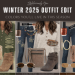 Three winter 2025 outfit edits showing trending seasonal colors: olive, taupe, and rust red. Each outfit includes a cozy textured sweater, dark denim jeans, coordinated boots, gold or neutral accessories, nail polish, lipstick, crossbody bags, and sunglasses. A styled collage layout labeled ‘Winter 2025 Outfit Edit – Colors You’ll Live In This Season.