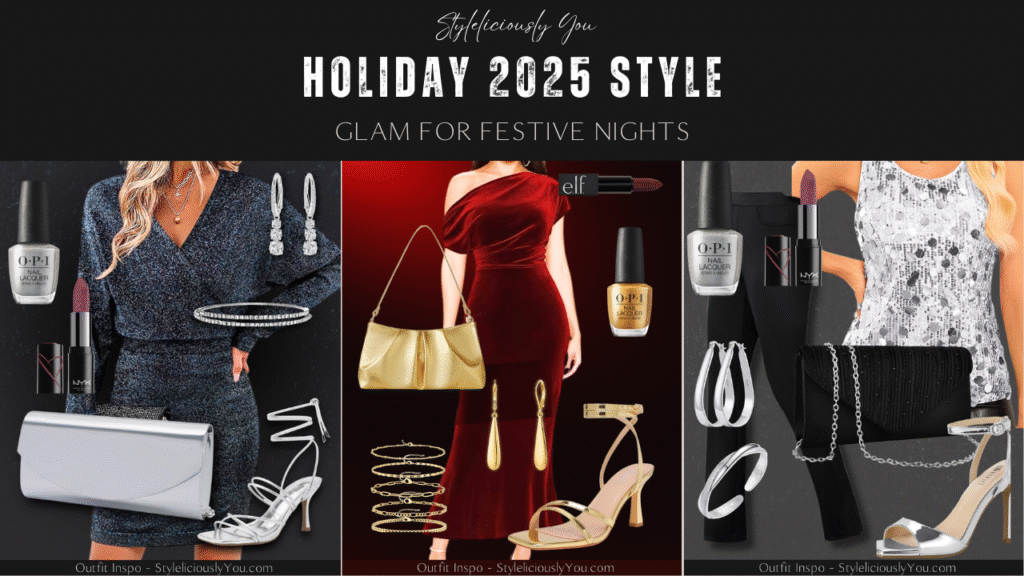 Collage of three holiday outfit ideas for 2025, featuring a silver glitter dress look, a burgundy velvet and gold accessories outfit, and a silver-and-black sequin party outfit. Each look includes coordinated shoes, bags, jewelry, and beauty picks on a dark festive background.