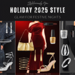 Collage of three holiday outfit ideas for 2025, featuring a silver glitter dress look, a burgundy velvet and gold accessories outfit, and a silver-and-black sequin party outfit. Each look includes coordinated shoes, bags, jewelry, and beauty picks on a dark festive background.