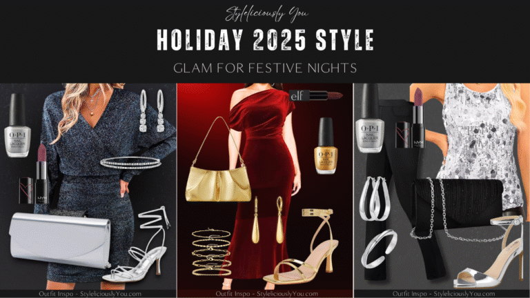 Collage of three holiday outfit ideas for 2025, featuring a silver glitter dress look, a burgundy velvet and gold accessories outfit, and a silver-and-black sequin party outfit. Each look includes coordinated shoes, bags, jewelry, and beauty picks on a dark festive background.